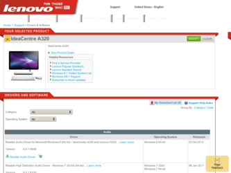 IdeaCentre A320 driver download page on the Lenovo site