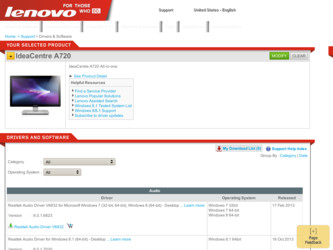 IdeaCentre A720 driver download page on the Lenovo site