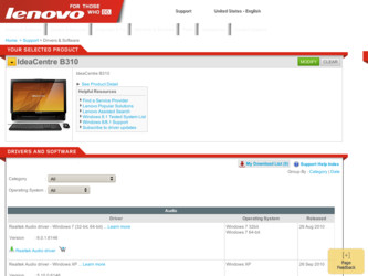 IdeaCentre B310 driver download page on the Lenovo site
