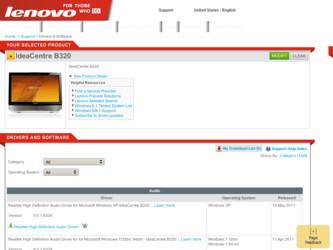 IdeaCentre B320 driver download page on the Lenovo site