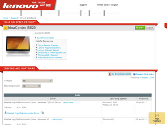 IdeaCentre B520 driver download page on the Lenovo site
