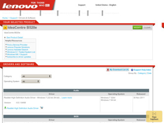 IdeaCentre B520e driver download page on the Lenovo site