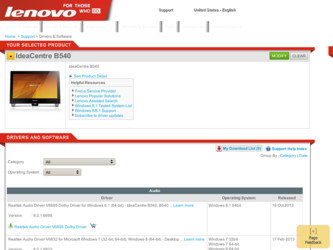 IdeaCentre B540 driver download page on the Lenovo site