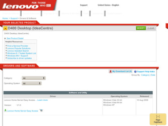 IdeaCentre D400 driver download page on the Lenovo site