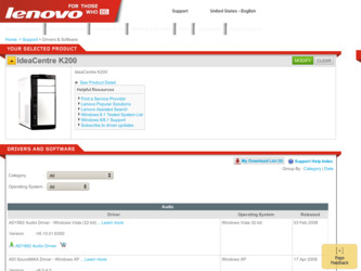 IdeaCentre K200 driver download page on the Lenovo site
