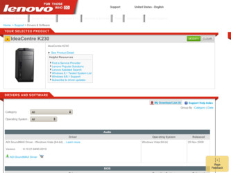 IdeaCentre K230 driver download page on the Lenovo site