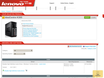 IdeaCentre K305 driver download page on the Lenovo site