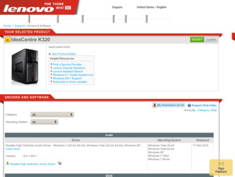 IdeaCentre K320 driver download page on the Lenovo site