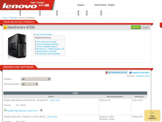 IdeaCentre K330 driver download page on the Lenovo site