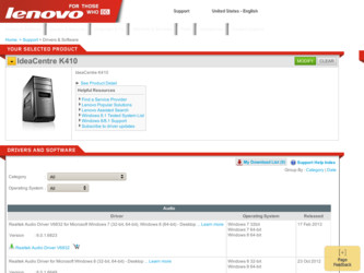 IdeaCentre K410 driver download page on the Lenovo site
