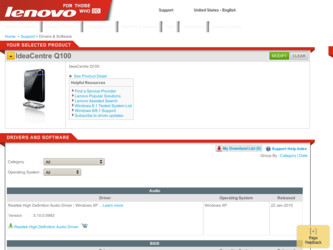 IdeaCentre Q100 driver download page on the Lenovo site