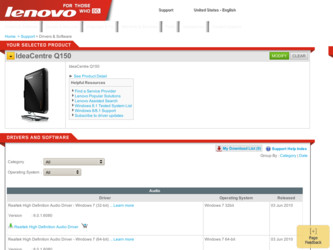 IdeaCentre Q150 driver download page on the Lenovo site