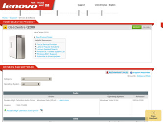 IdeaCentre Q200 driver download page on the Lenovo site