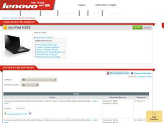 IdeaPad N585 driver download page on the Lenovo site