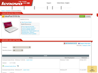 IdeaPad S10-3s driver download page on the Lenovo site