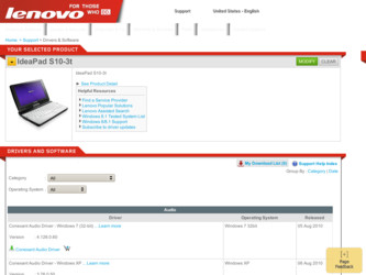 IdeaPad S10-3t driver download page on the Lenovo site