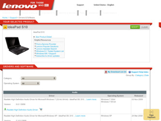 IdeaPad S10 driver download page on the Lenovo site