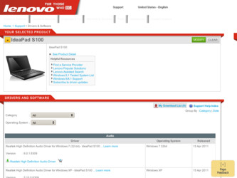 IdeaPad S100 driver download page on the Lenovo site