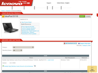 IdeaPad S110 driver download page on the Lenovo site