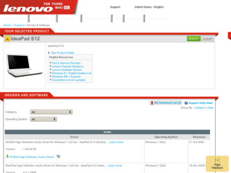 IdeaPad S12 driver download page on the Lenovo site