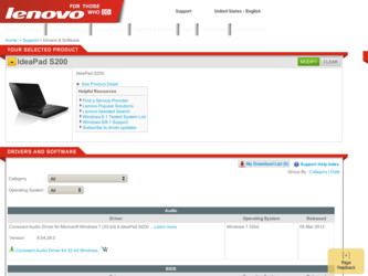 IdeaPad S200 driver download page on the Lenovo site