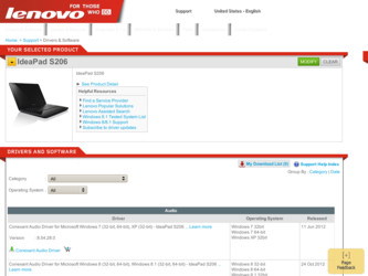 IdeaPad S206 driver download page on the Lenovo site