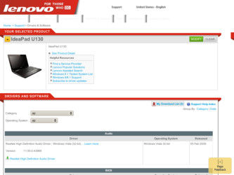 IdeaPad U130 driver download page on the Lenovo site