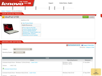IdeaPad U150 driver download page on the Lenovo site