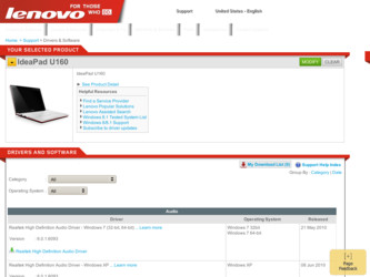 IdeaPad U160 driver download page on the Lenovo site