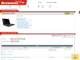 IdeaPad U260 driver download page on the Lenovo site