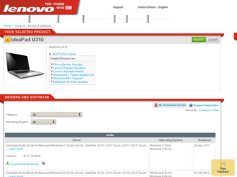 IdeaPad U310 driver download page on the Lenovo site
