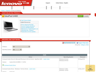 IdeaPad U400 driver download page on the Lenovo site