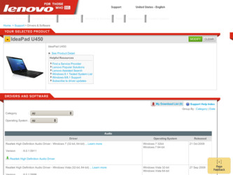 IdeaPad U450 driver download page on the Lenovo site