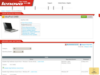 IdeaPad U460 driver download page on the Lenovo site