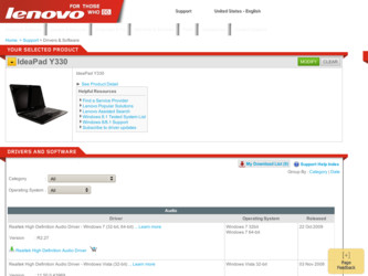 IdeaPad Y330 driver download page on the Lenovo site