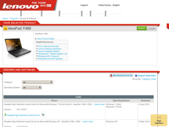 IdeaPad Y460 driver download page on the Lenovo site