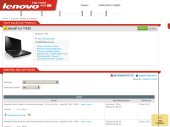 IdeaPad Y480 driver download page on the Lenovo site