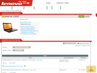 IdeaPad Y550P driver download page on the Lenovo site