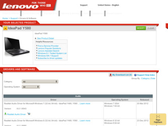 IdeaPad Y580 driver download page on the Lenovo site