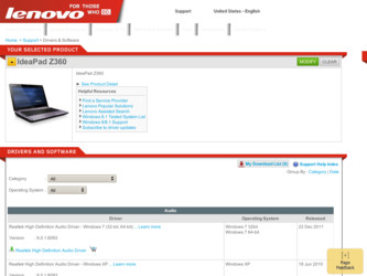 IdeaPad Z360 driver download page on the Lenovo site