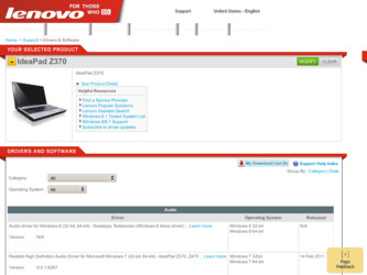 IdeaPad Z370 driver download page on the Lenovo site