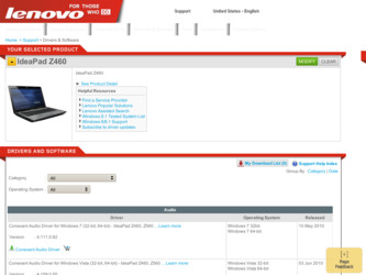 IdeaPad Z460 driver download page on the Lenovo site