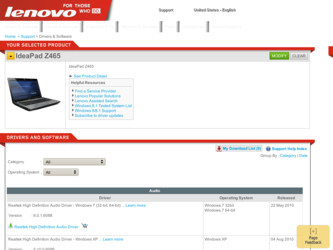 IdeaPad Z465 driver download page on the Lenovo site