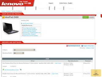 IdeaPad Z480 driver download page on the Lenovo site