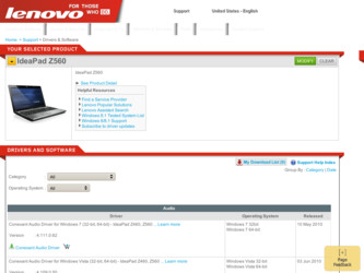IdeaPad Z560 driver download page on the Lenovo site