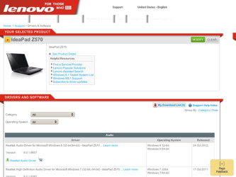 IdeaPad Z570 driver download page on the Lenovo site