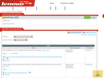 NetVista A20 driver download page on the Lenovo site