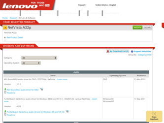 NetVista A22p driver download page on the Lenovo site