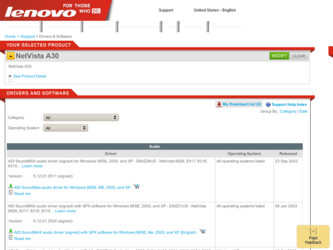 NetVista A30 driver download page on the Lenovo site