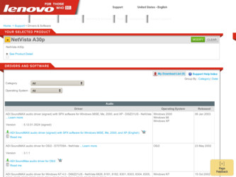 NetVista A30p driver download page on the Lenovo site